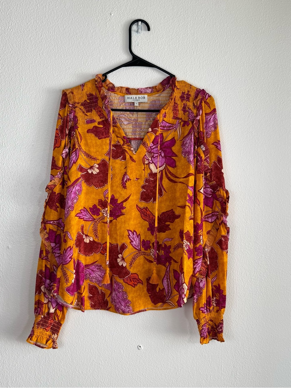 Hale Bob Floral Smocked Ruffle Blouse Size Small Mustard Purple Boho Top
